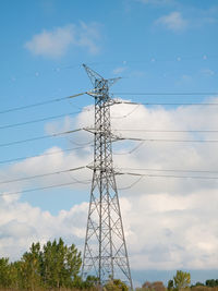 Low angle view of electricity pylon against sky