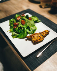 High angle view of food served on table