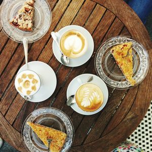 Directly above view of breakfast served on table