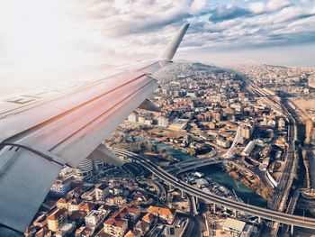 High angle view of city and buildings against sky