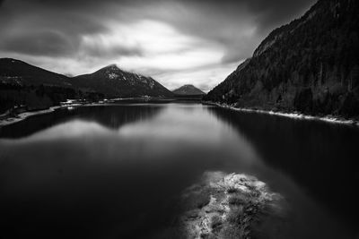 Scenic view of lake and mountains against sky