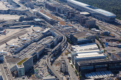 High angle view of street amidst buildings in city