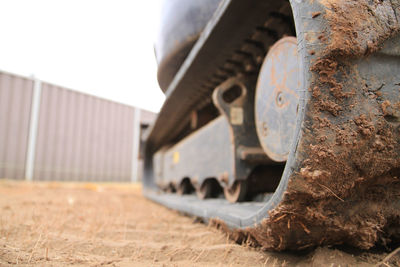 Close-up of mud on construction vehicle