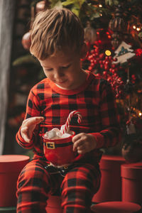 Portrait of boy playing with christmas tree