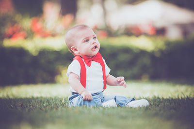 Cute boy sitting on field