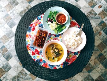 High angle view of breakfast served on table