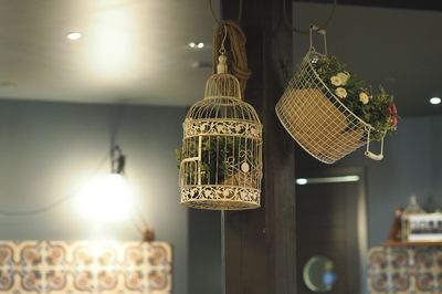 Close-up of bird cage hanging on wall