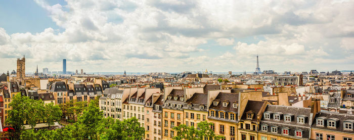 Panoramic view, aerial skyline of paris on city center, eiffel tower, sacre coeur basilica, churches 