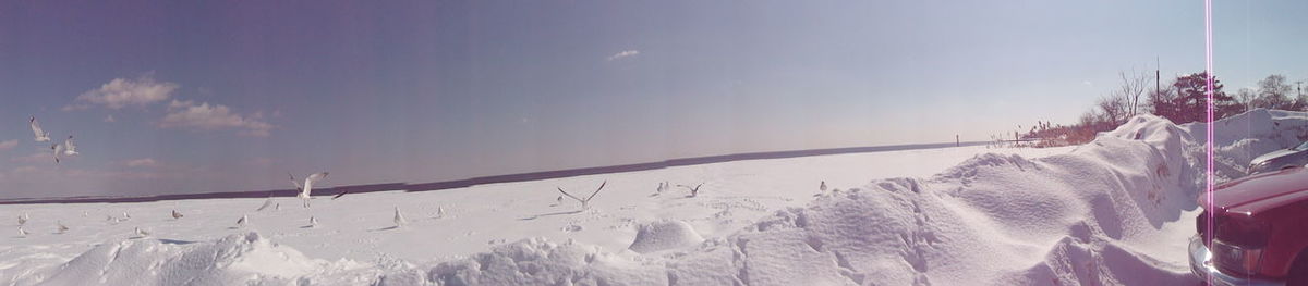 Panoramic shot of frozen landscape against sky