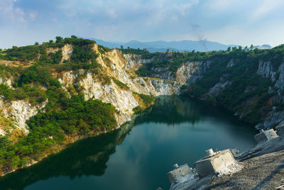 Panoramic view of lake and mountains against sky