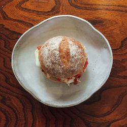 High angle view of dessert served on table