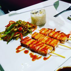 High angle view of food in plate on table