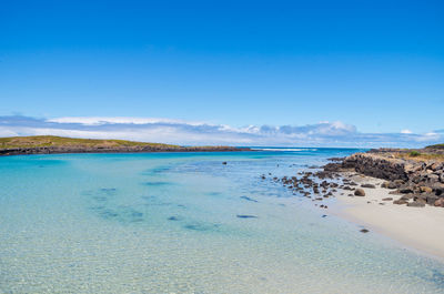 Scenic view of sea against blue sky