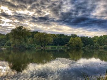 Scenic view of lake against sky at sunset