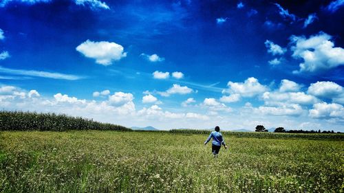 Rear view of man standing on field against blue sky