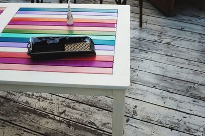 High angle view of multi colored table