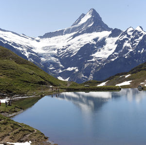 Great view of bernese mountains above bachalpsee lake. dramatic and picturesque scene. 