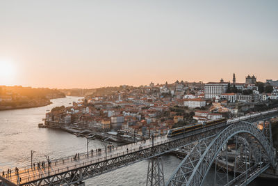 High angle view of bridge over river at sunset