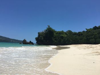 Scenic view of beach against clear blue sky