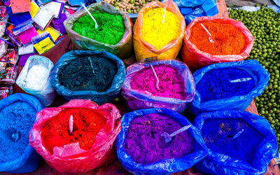 High angle view of powder color for sale in market