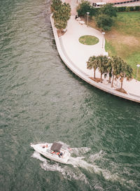 High angle view of boat sailing on river