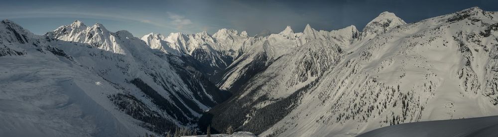 Scenic view of snow covered mountains