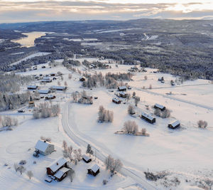 High angle view of snow covered rural landscape