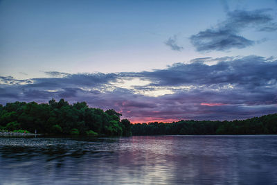 Scenic view of lake against sky at sunset