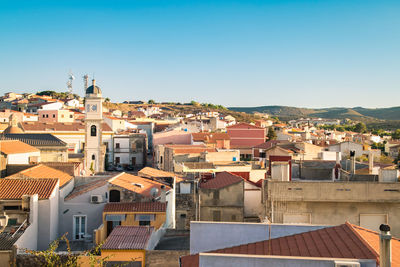 High angle view of townscape against clear sky