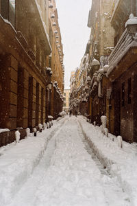 Snow covered alley amidst buildings in city