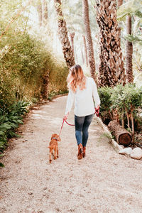 Dog with woman on footpath at park