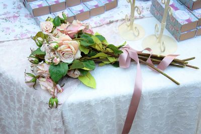 High angle view of rose bouquet on table