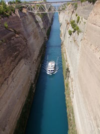 High angle view of boat at corinth canal