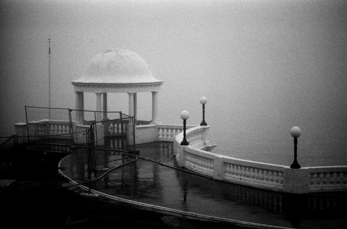 Beach building in sea mist