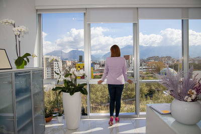 Rear view of woman standing by window