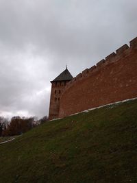 Building on field against sky