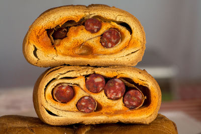 Close-up of chorizo bread rolls