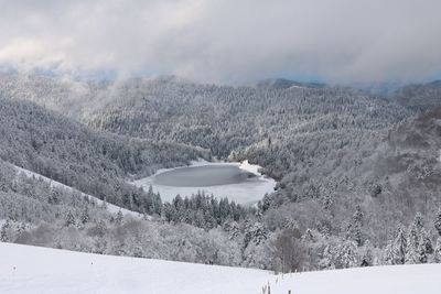 Snow covered landscape against sky