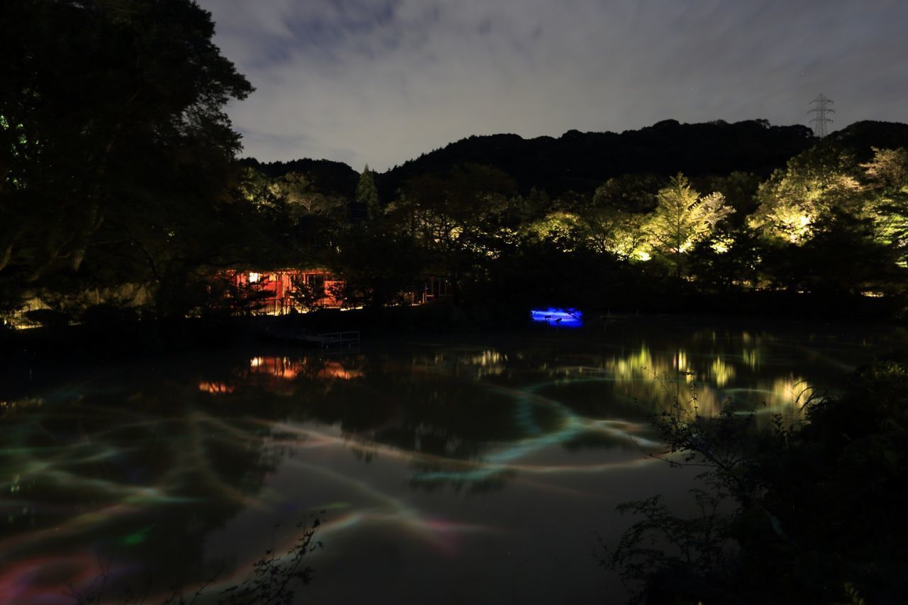 REFLECTION OF ILLUMINATED TREES IN LAKE AGAINST SKY AT NIGHT