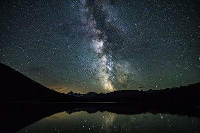 Scenic view of lake and mountains against sky at night