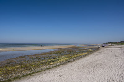 Scenic view of beach against clear blue sky