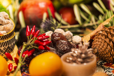 Close-up of fruits in basket on table