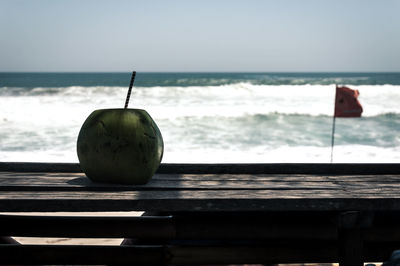 Close-up of fruits on table against sea