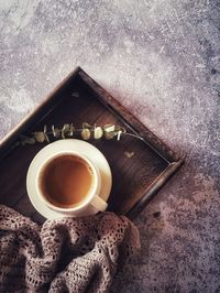 High angle view of coffee on table