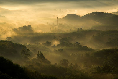 Scenic view of landscape during sunrise during foggy weather