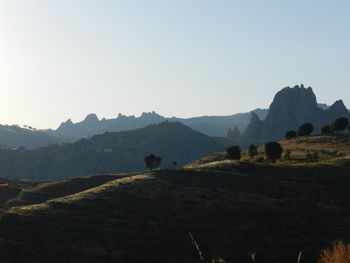 Scenic view of mountains against clear sky