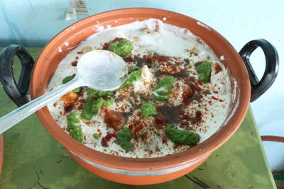 High angle view of breakfast served on table