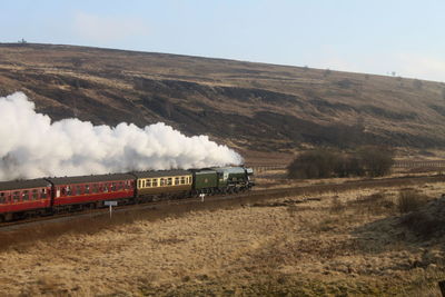 High angle view of train in countryside