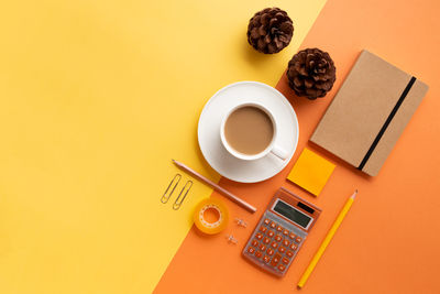 High angle view of coffee cup on table