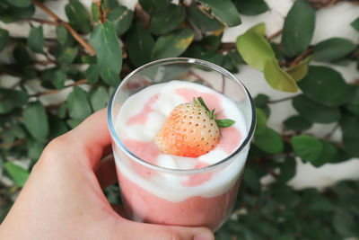 Close-up of hand holding ice cream in glass